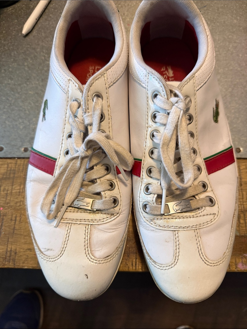 Lacoste White Sneakers with Red & Green Stripes
